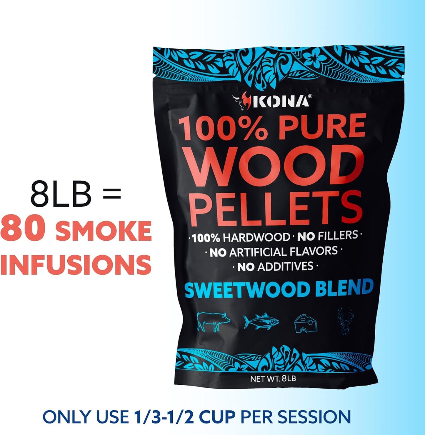 Kona Sweetwood Blend Wood Pellets - Concentrated, Pure, Old Growth Hardwood Grilling Pellets - for BBQ, Smoker Tubes, Grills - 8 lbs Sweet Thin Blue Smoke