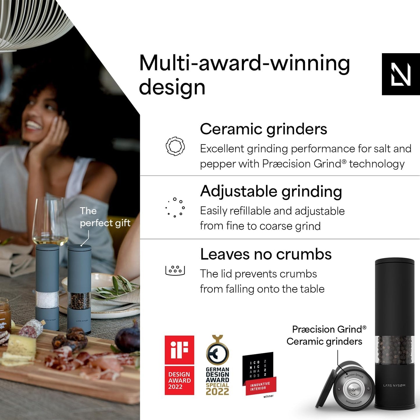 LARS NYSØM Salt and Pepper Grinder Set Manual, Stainless Steel Salt and Pepper Mills with Adjustable Ceramic Grinder I Design Spice Shakers (Carbon Black)