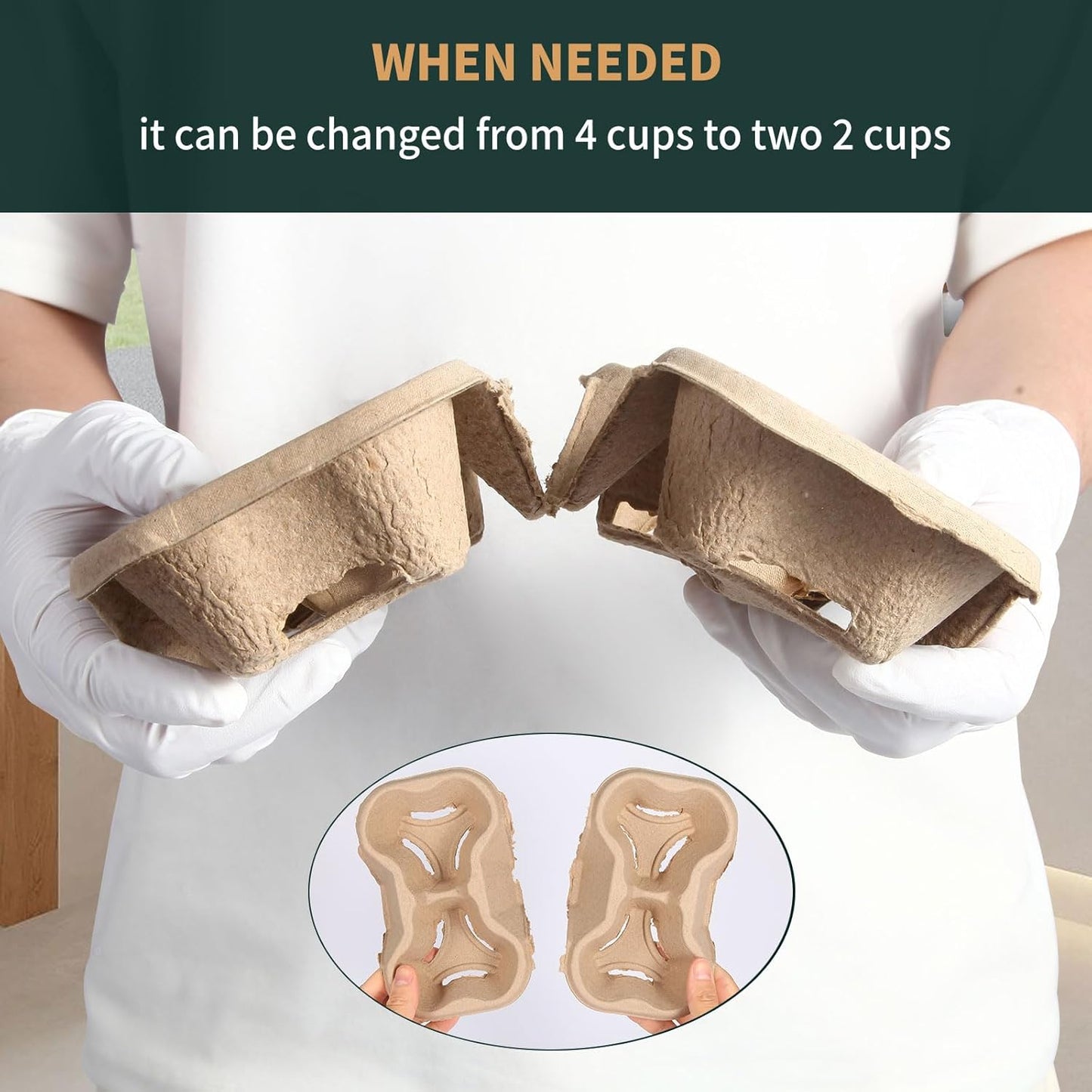 Tearable 4 to 2 Cup Drink Carrier - Biodegradable Convertible Cup Holder for Hot/Cold Beverages (8oz-32oz) - Pulp Fiber to Go for Restaurants, Takeout/Delivery (100 Pack)