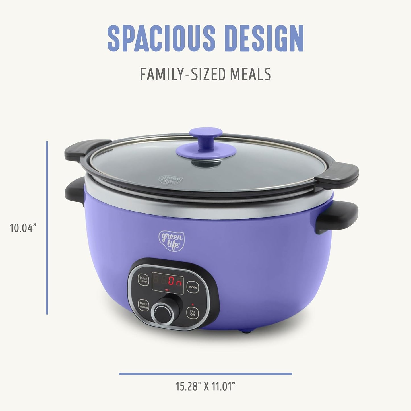 GreenLife 6 Quart Ceramic Slow Cooker, PFAS-Free, Programmable, Removable Healthy Nonstick Pot for Family Meals, Sear on Stovetop, Keep Warm, Digital Timer, Dishwasher Safe Glass Lid, Periwinkle