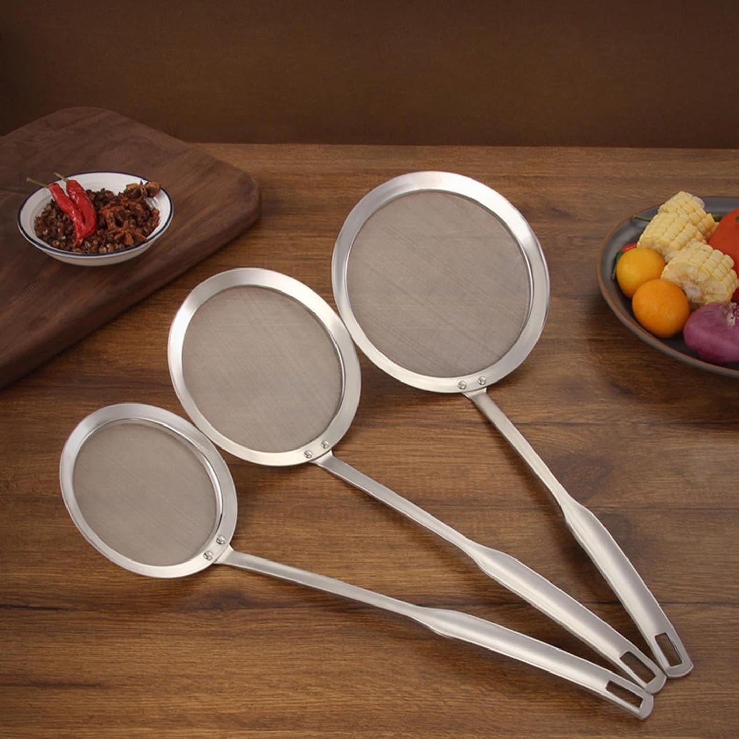 Stainless Steel Fat Skimmer Spoon, Kitchen Fine Mesh Food Strainer and Hot Pot Skimmer with Long Handle for Skimming, Cooking, Frying, Grease, Gravy and Foam (5.5" Fine Mesh Skimmer)