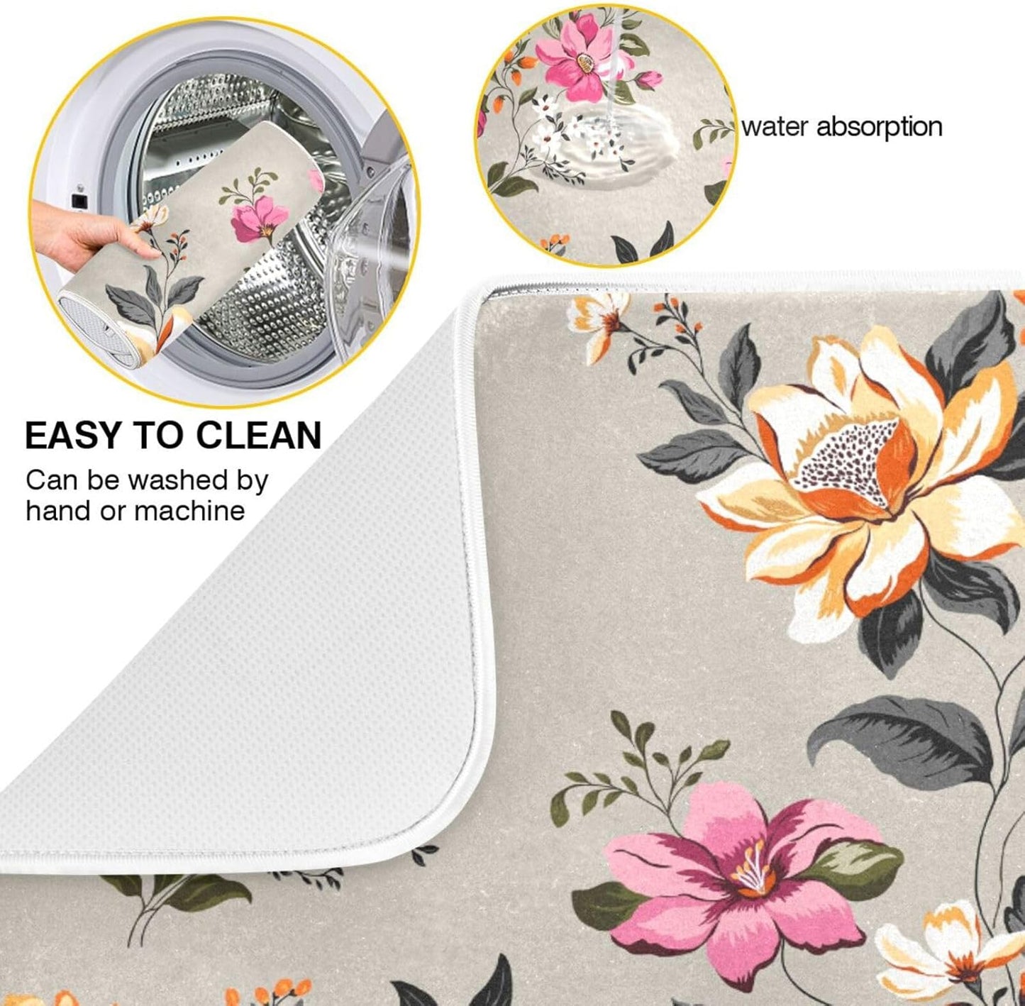 Vintage Flowers Leaves Dish Drying Mat for Kitchen Counter Absorbent Microfiber Drying Pad, Large 18x24 in, Reversible Drainer Mats