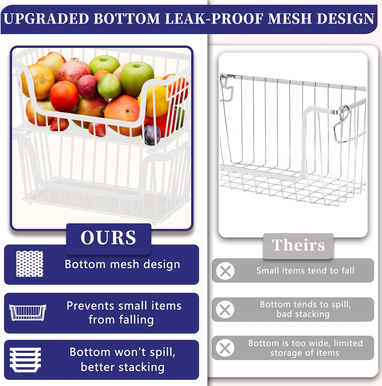 Enhanced Leak-Proof Bottom Stackable Wire Baskets, 4 Pack Pantry Organizers and Storage, Pantry Storage，Shelf Baskets, Fruit Basket, Potato and Onion Storage Bins，(White)