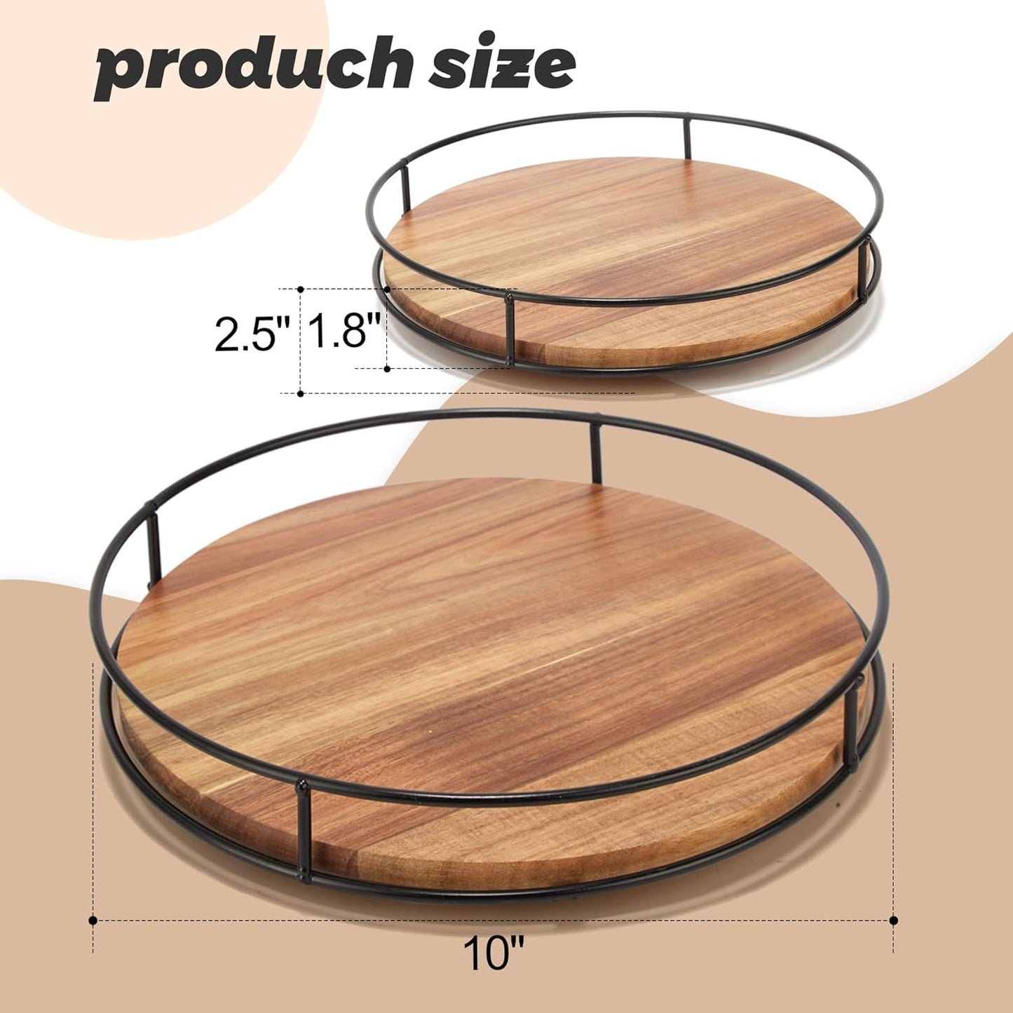 10" Acacia Wood Lazy Susan Turntable, Tomoaza Kitchen Organizer Turntable with Steel Sides, 360 Degree Lazy Susan for Countertop Cabinet or Dining Table (Black)