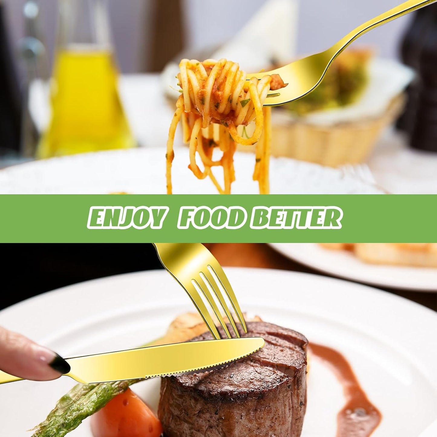 Nuenen 50 Pieces Stainless Steel Forks Silverware Set Dinner Forks and Knives Flatware Tableware Cutlery Set for Kitchen Restaurant(7.1 x 1 Inch, 8.4 x 0.7 Inch,Gold)