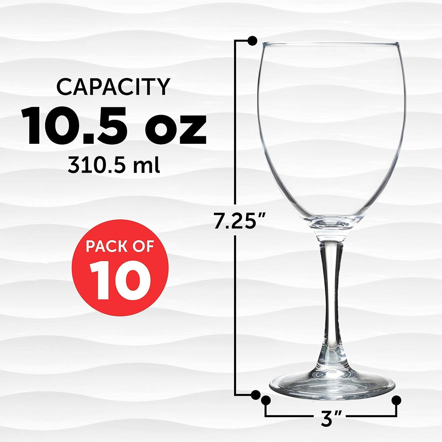 DISCOUNT PROMOS Nuance Wine Glasses by ARC 10.5 oz. Set of 10, Bulk Pack - Restaurant Glassware, Perfect for Red Wine, White Wine, Cocktails - Clear