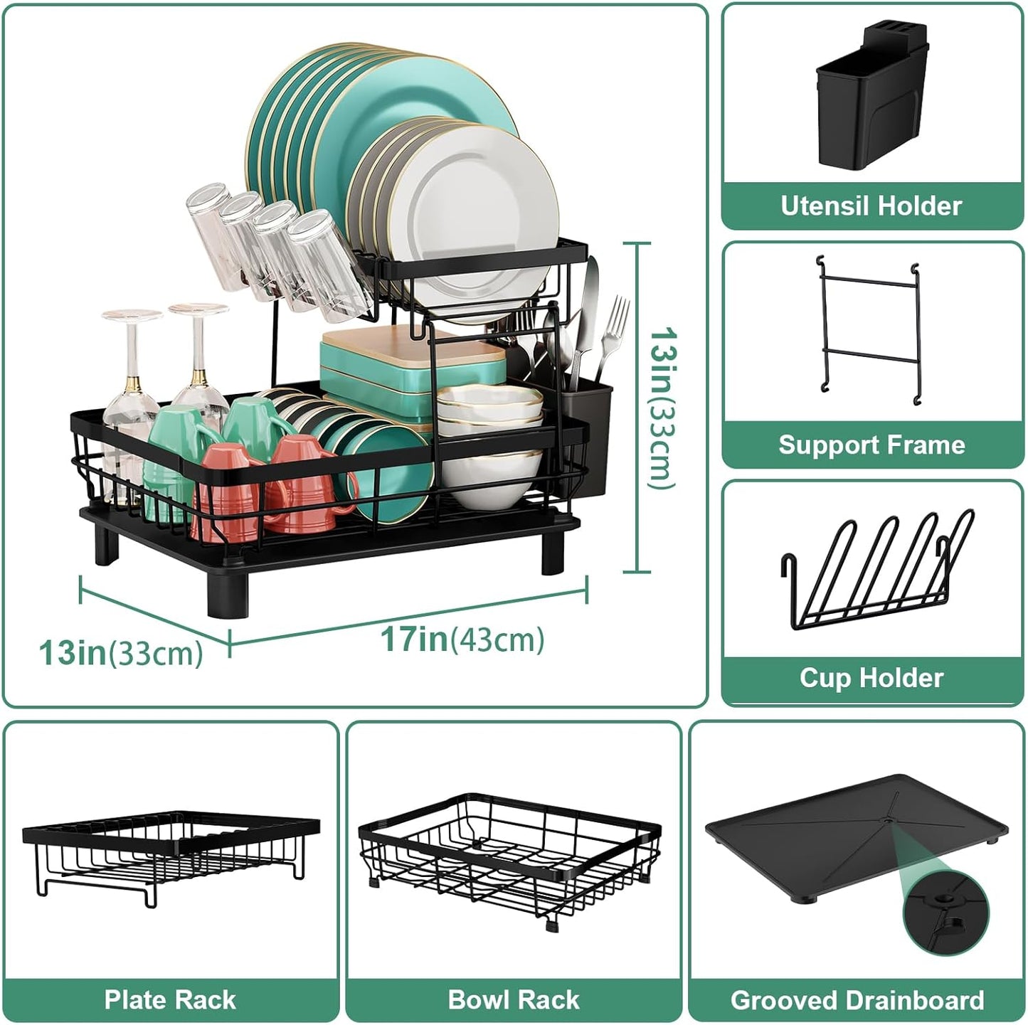 MOUKABAL Dish Drying Rack, 2 Tier Dish Rack, Large Dish Racks for Kitchen Counter, Dish Drainer with Removable Utensil Holder, Drainboard (Black)