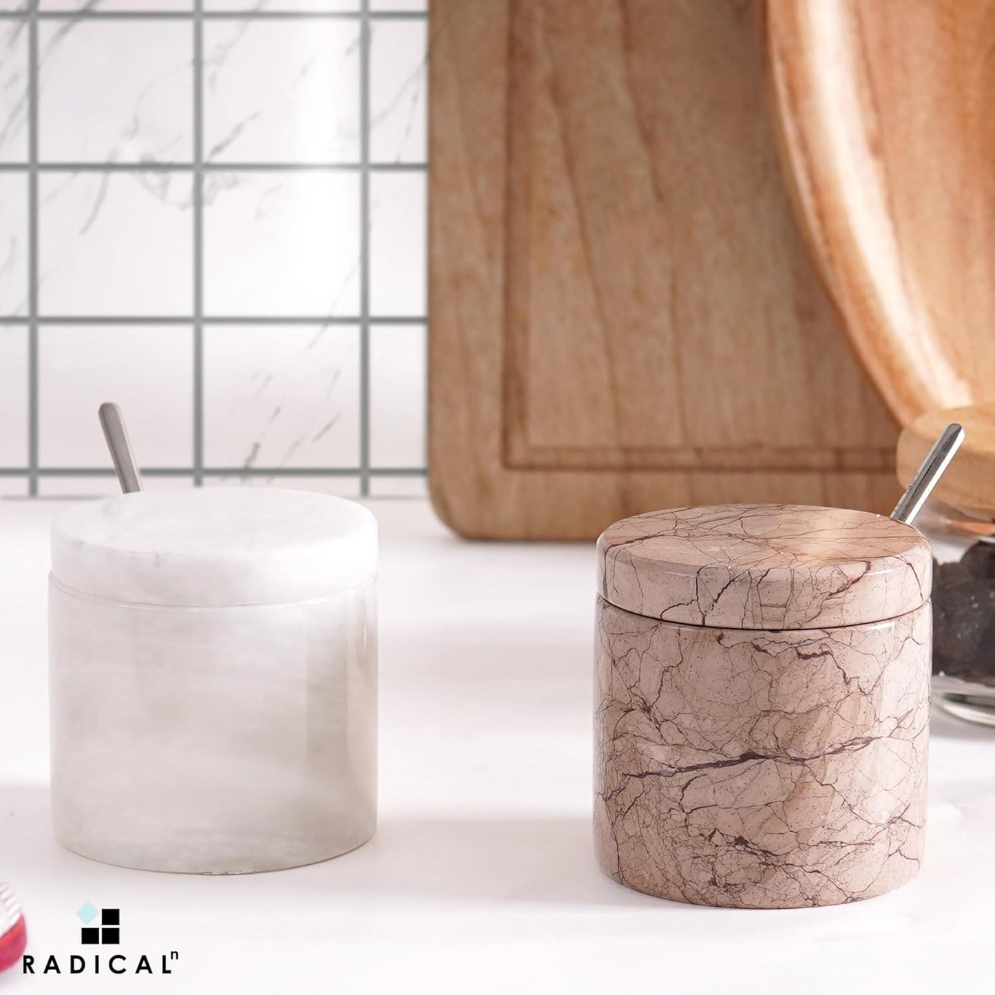 Radicaln Marble Salt Cellar With Lid and Tray 3" Inch White and Marinara Salt Container and Set of 2 Seasoning Jars For Living Room, Ideal Salt Bowl for Countertop