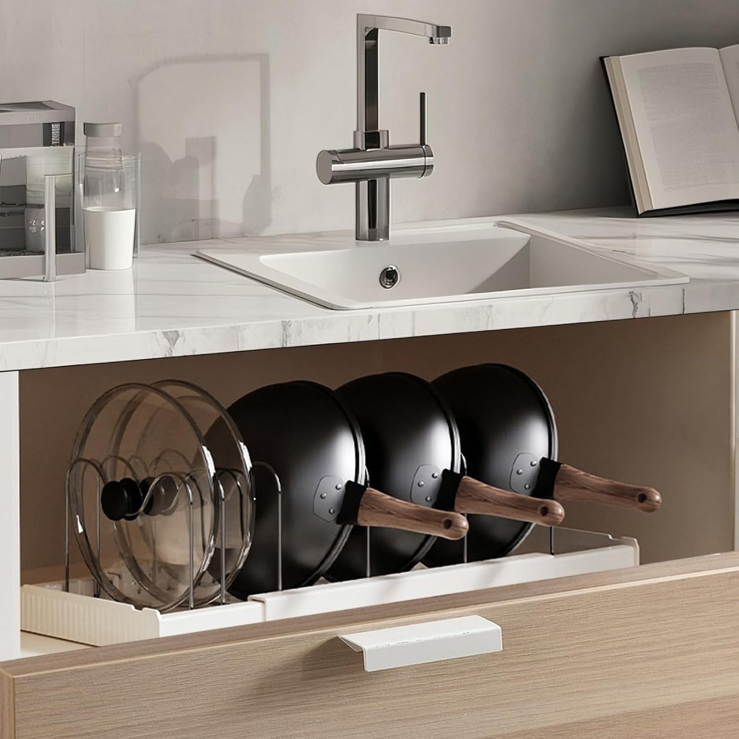 Expandable Pot Storage Rack for Kitchen Cabinets - Under-cabinet pot organizer, in-cabinet pot organizer, 10 adjustable compartments for pot lids, baking trays, cookware