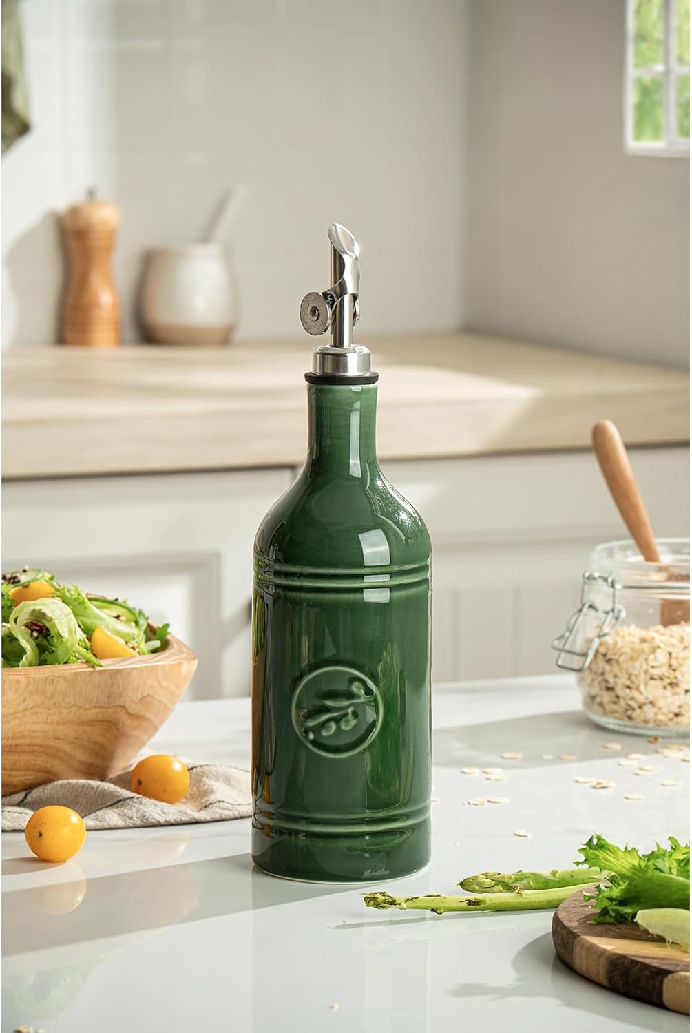 Olive Oil Dispenser Bottle with Spout, 18 oz Ceramic Oil Dispensers for Kitchen, Opaque Cruet, EVOO & Vinegar Bottle with Automatic Stainless Steel Pourer, Pack of 1, Jade Green