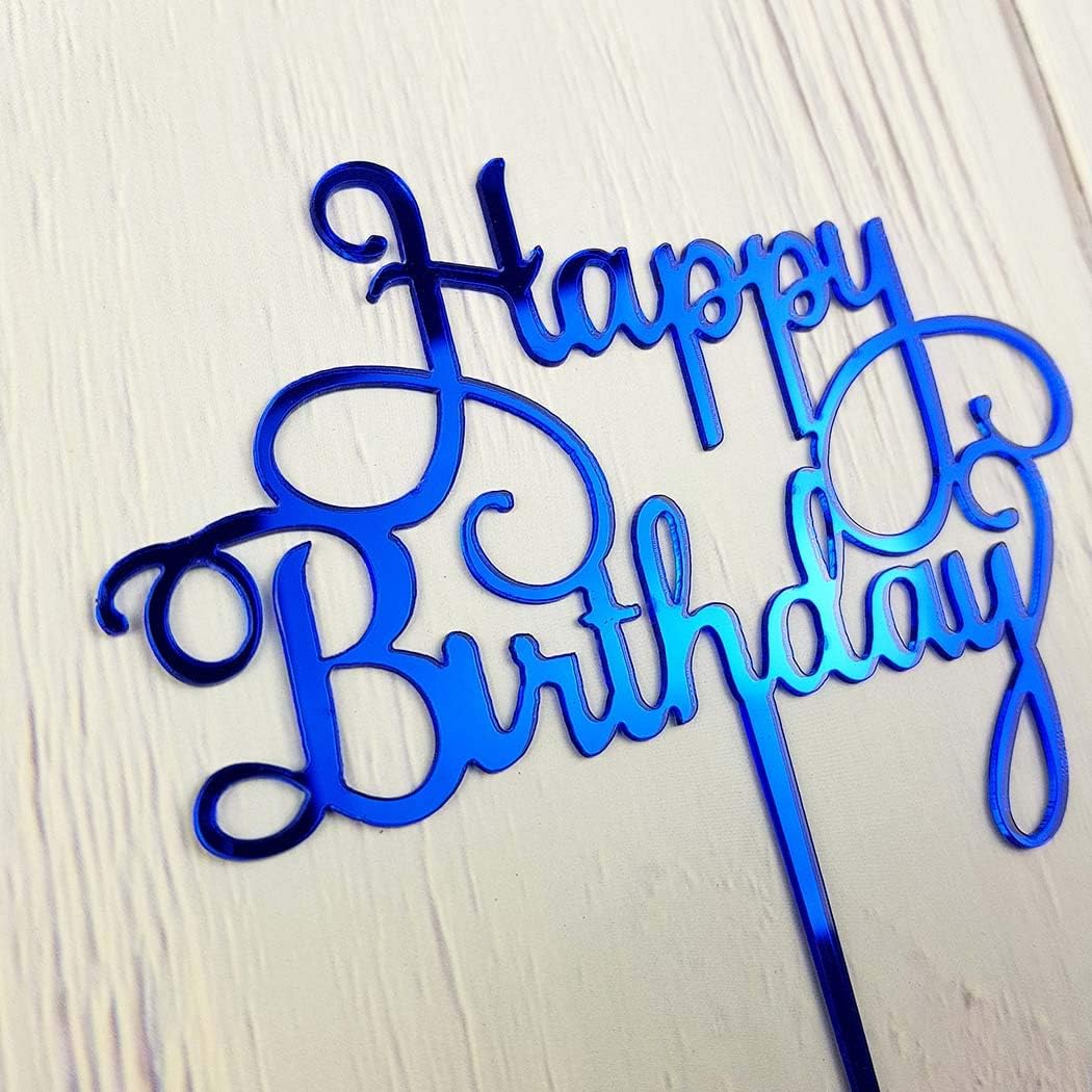 Happy Birthday Cake Topper for Birthday Party Decorations - Mirror Blue Acrylic