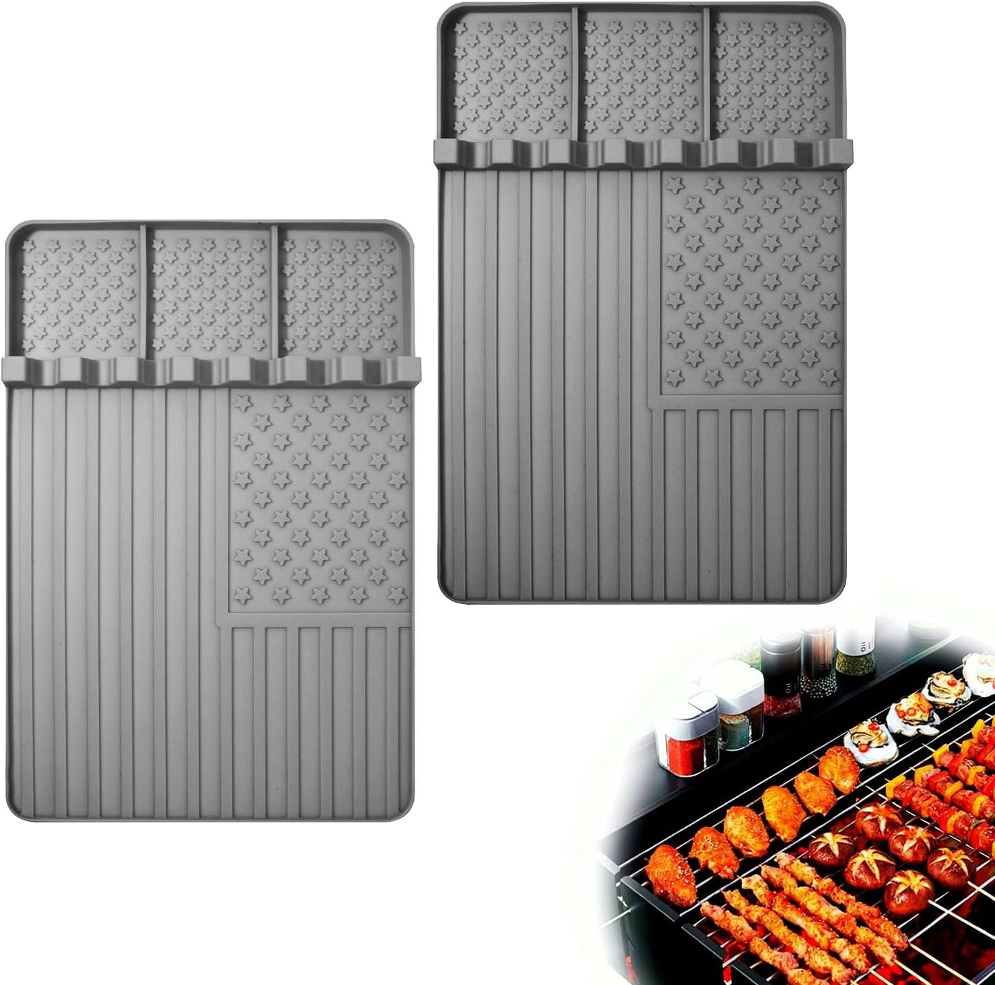 2 PCS Silicone Griddle Tools Mat for Blackstone,Grill BBQ Caddy Utensils Holder for Kitchen,Cooking & Countertop,Large Spatula Mat with Drip Pad,Griddle Accessories for Blackstone (Grey-2)