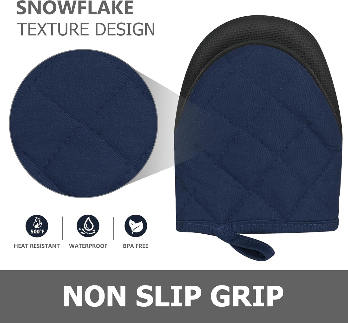 1 Pair Short Oven Mitts - Silicone Kitchen Oven Gloves High Heat Resistant 500℉, Mini Oven Mits with Non-Slip Grip Surfaces and Hanging Loop for BBQ, Baking, Cooking and Grilling (Dark Blue)