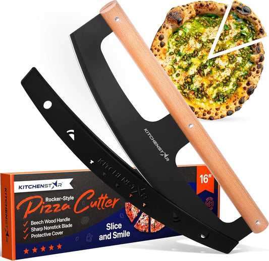 KitchenStar 16-Inch Pizza Cutter Rocker Blade - Razor Sharp Stainless Steel Slicer Knife, Stylish Beech Wood Handle, Protective Cover - Professional Pizza Oven Accessories, Black