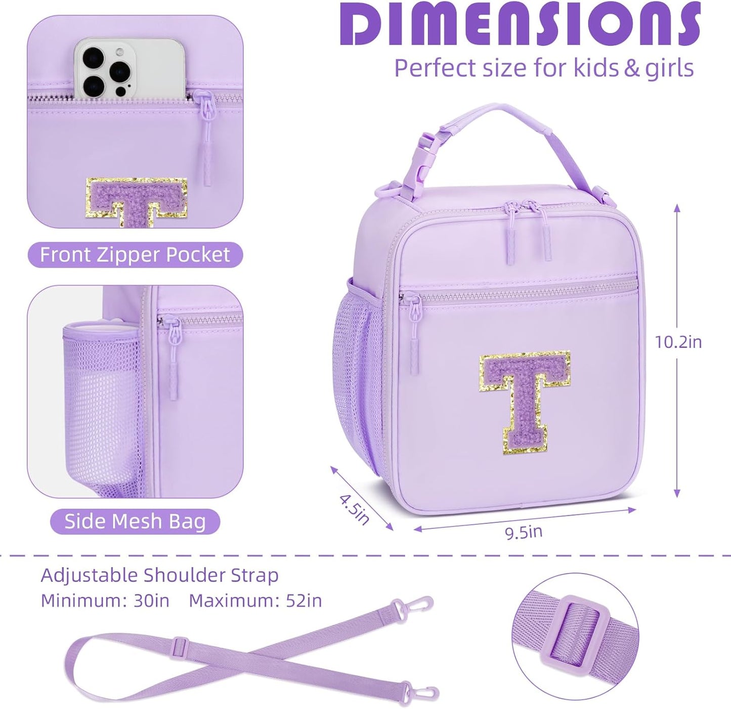 Initial Insulated Lunch Bag for Girls Kids, Back to School Gift, Reusable Leak-proof Lunch Box with Adjustable Strap for School Daycare Travel Picnic (Purple,T)