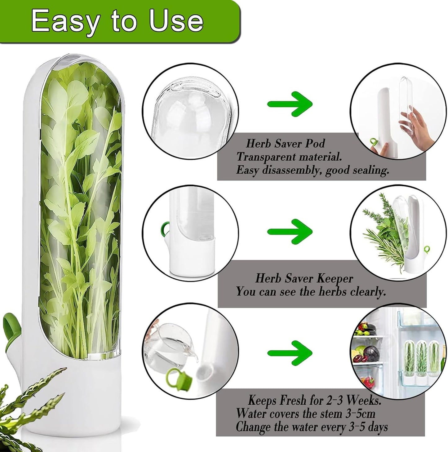 Herb Saver for Refrigerator, Herb Saver Pod Cilantro Containers for Refrigerator, Fresh Herb Keeper for Cilantro, Parsley, Asparagus, Mint, Keeps Vegetables for 2-3 Weeks (3PCS)