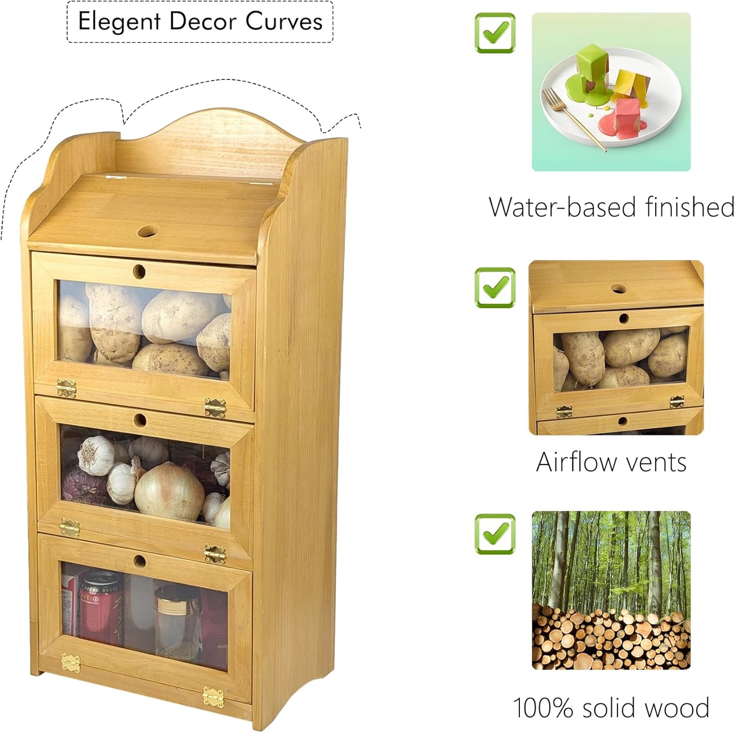 ARTAWEIN Onion and Potato Storage Bin Box Farmhouse Fruit and Vegetable Storage Small Food Kitchen Pantry Cabinet for Snack Large Bread Box for Homemade Bread Black Potato Bins
