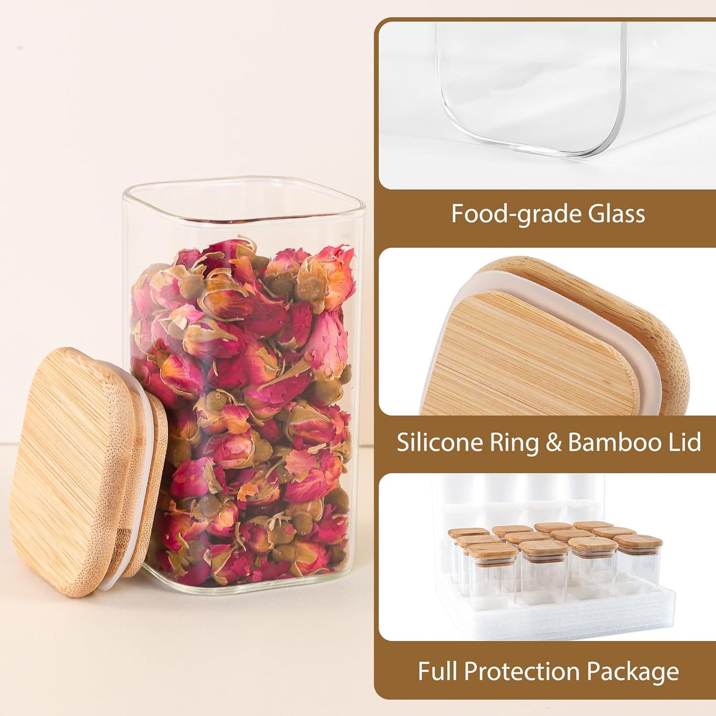 12 Pack 8 oz Square Glass Spice Jars with Lids and Labels – Airtight Small Spice Containers Set, Clear Glass Storage Jars for Seasoning, Spices, Kitchen Pantry Organization