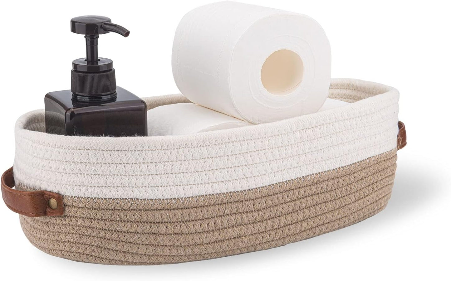 Cotton Rope Bathroom Decor Basket,Toilet Paper Holder Basket,Farmhouse Home Decor Organizing Baskets 13"x5.9"x4" Brown Stitching White