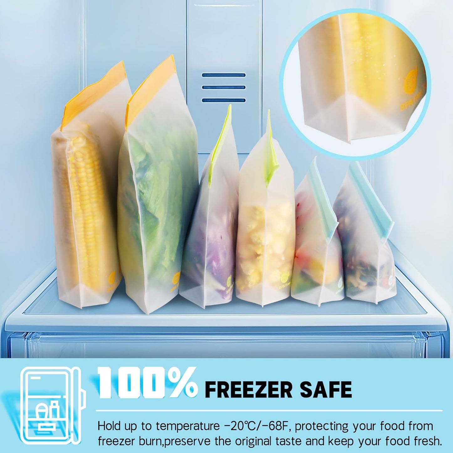 24 Pack Reusable Food Storage Bags,Leakproof Freezer Bags BPA Free Stand Up Sandwich Bags for Lunch Salad Fruit Travel,Dishwasher Safe(8 Gallon,8 Sandwich,8 Snack)