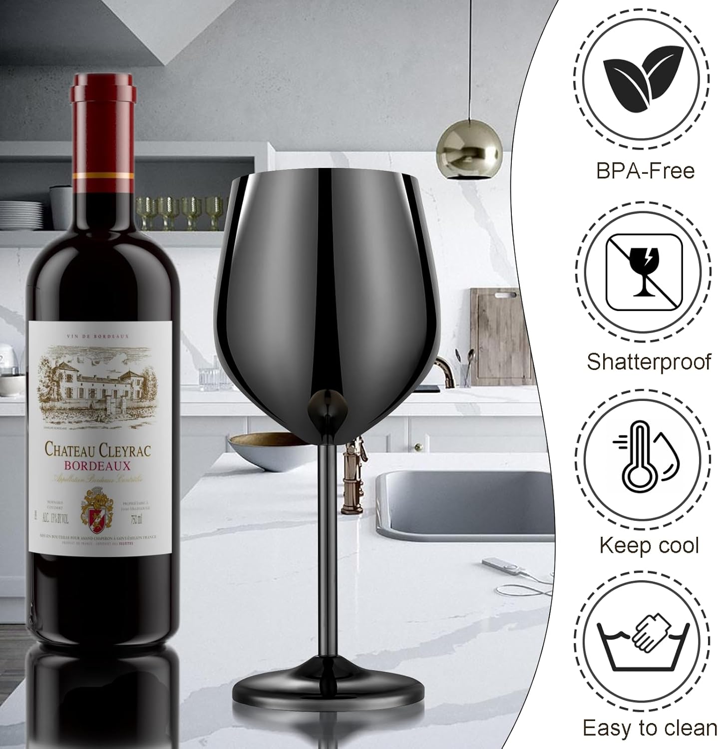 Stainless Steel Wine Glasses Set of 4 Unbreakable Wine Glass 18 oz Unique Metal Wine Goblets for Outdoor, Travel, Camping, Pool, Ideal Gift for Wine Lovers (Mirror-Black)