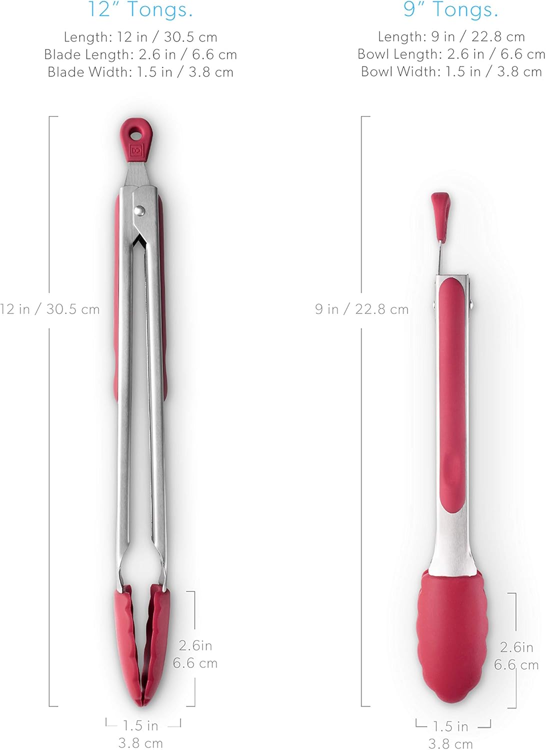 New DI ORO 2-Piece Kitchen Tongs Set (9-Inch and 12-Inch) – Stainless Steel with Non-Stick 480F Heat-Resistant Silicone Tips – Great Tool for Cooking, Serving, and Barbecuing - Dishwasher Safe (Red)