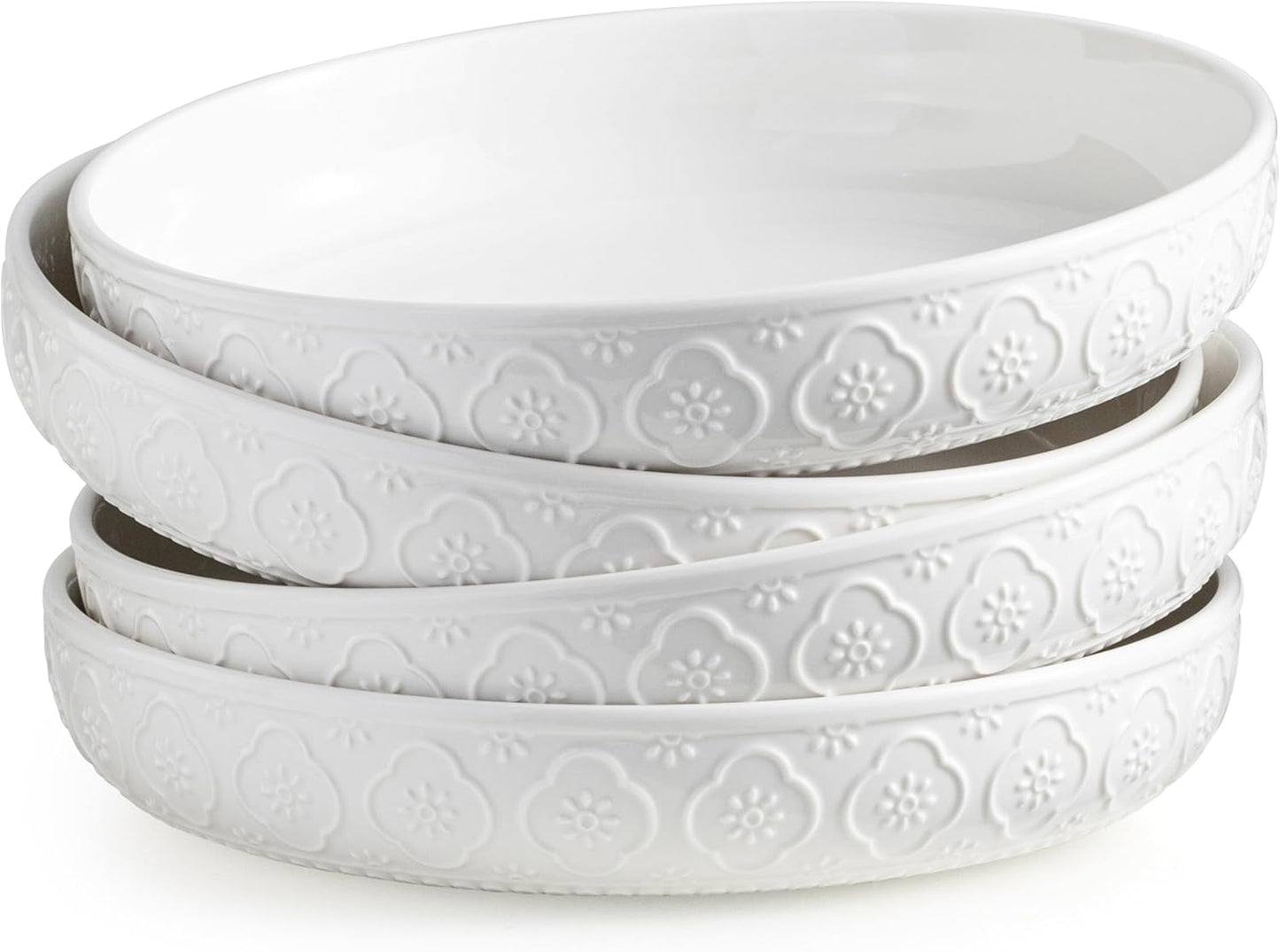 YHOSSEUN 9.75" Pasta Bowls Set of 4, 50 OZ Large Salad Serving Bowls, Ceramic Pasta Plate Bowls, White Soup Bowl, Microwavable Dinner Bowls for Kitchen, Embossed Sunflower