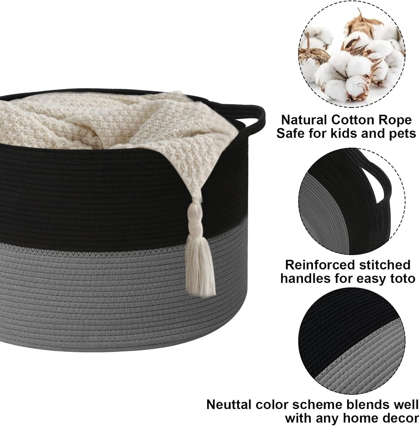 Large Blanket Basket for Organizing,115L Closet Organizers and Storage Bins Box for Shelves Woven Rope Storage Baskets,Living Room,Bedroom,Dorm,Laundry room (Black&Dark Grey)