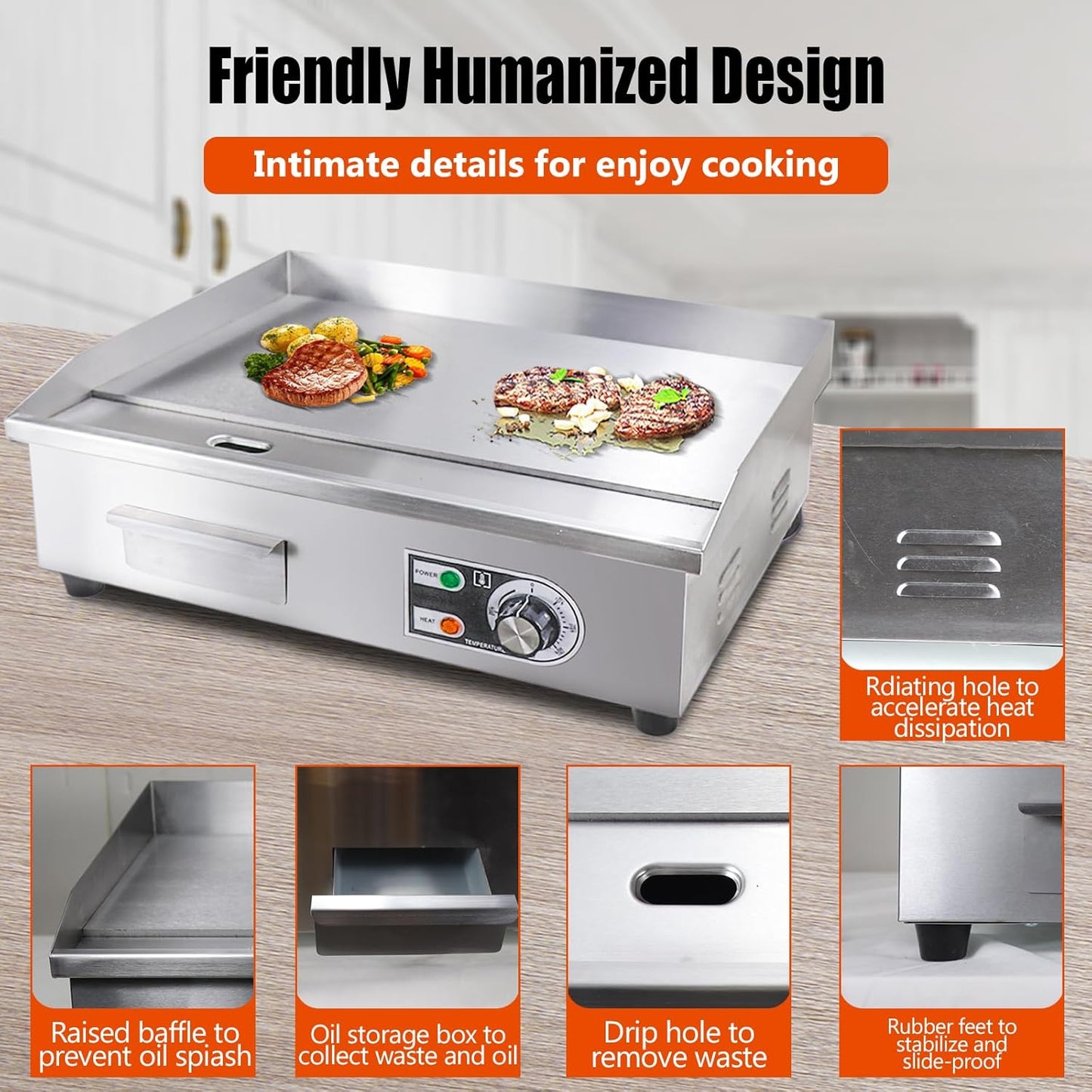 22" Commercial Electric Griddle,Electric Countertop Flat Top Griddle,110V 1600W Electric Flat Top Grill,Non-Stick Restaurant Teppanyaki Stainless Steel Grill,Adjustable Temperature Control