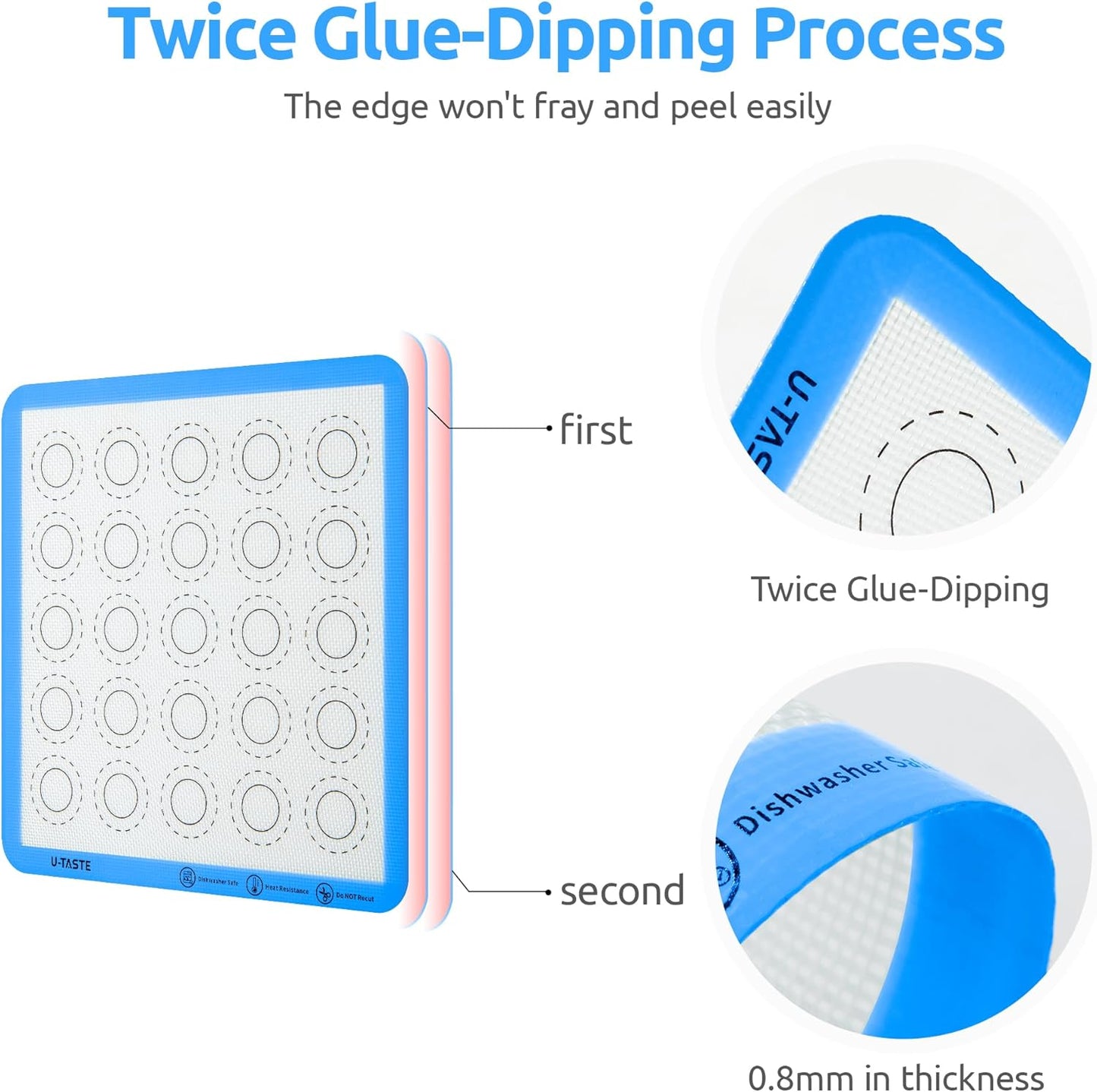 446ºF Heat Resistant Macaron Mat: U-Taste 11x11in Non Stick Silicone Baking Mat, Reusable Cookies Pastry Sheet Liner with Edge Enhancement & Circle Measurement for Square Cake Pan (2 PCS, Light Blue)