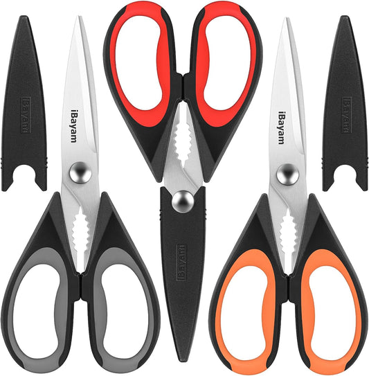 iBayam 3-Pack 8.5"Kitchen Scissors All Purpose Heavy Duty with Protective Sheath, Soft Grip Comfort Handle, Dishwasher Safe Kitchen Utensils Gadgets Set, Stainless Cooking Meat Poultry Food Shears