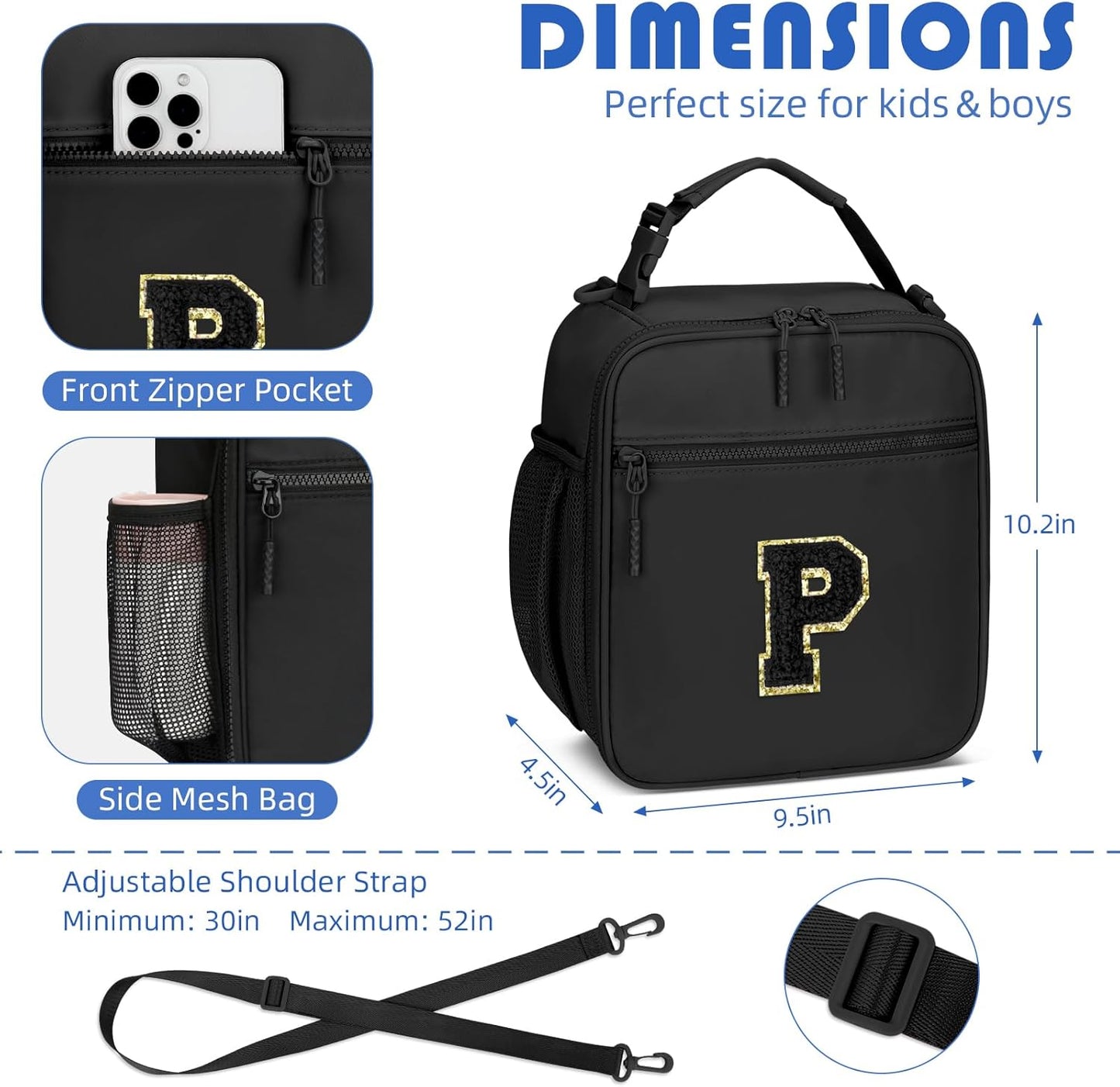 Initial Insulated Lunch Bag for Boys Kids, Back to School Gift, Reusable Leak-proof Lunch Box with Adjustable Strap for School Daycare Travel Picnic（Black，P）