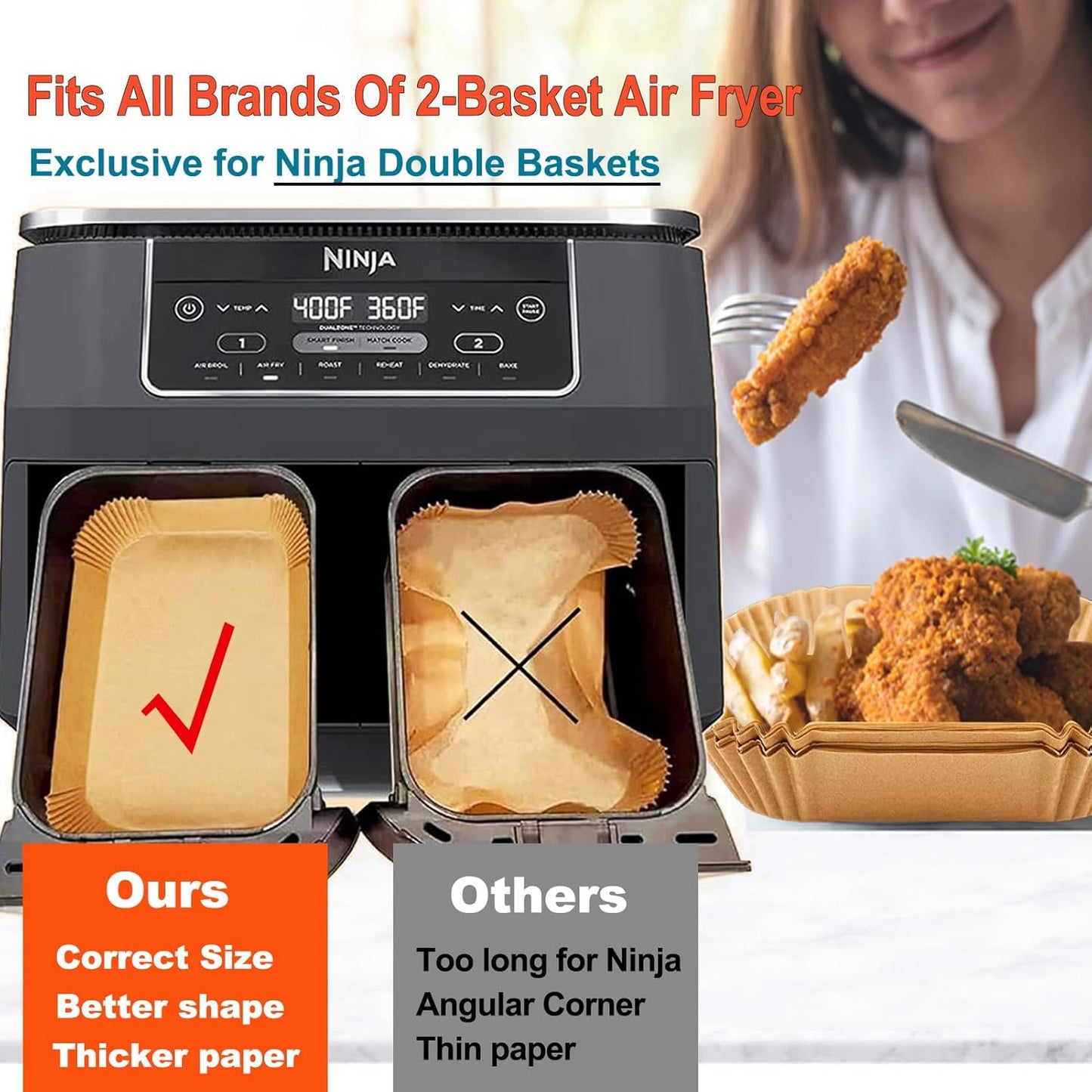 Ninja Foodi Air Fryer Liners, Ninja Air Fryer Liners Disposable, Ninja DZ071 Foodi Ninja Dual Air Fryer Parchment Paper Liners, Rectangular Airfryer Paper Liners, Rectangle 2 Basket Liners