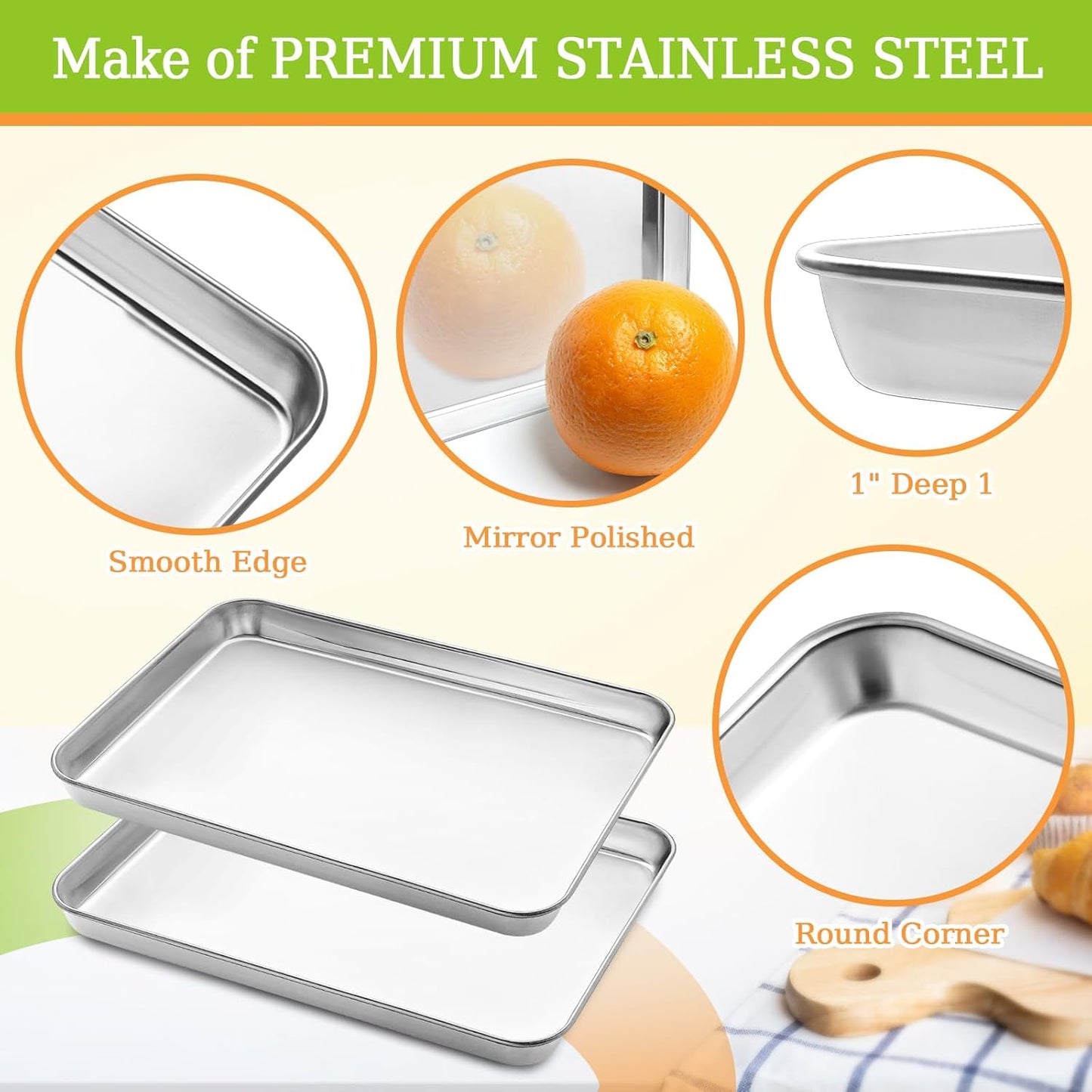 CEKEE Stainless Steel Baking Sheet Set of 2, Cookie Sheet for Baking Pan Tray, Toaster Oven Baking Pan Set, Rectangle Size 16 x 12 x 1 inch, Non Toxic, Mirror Finish & Rust Free, Dishwasher Safe