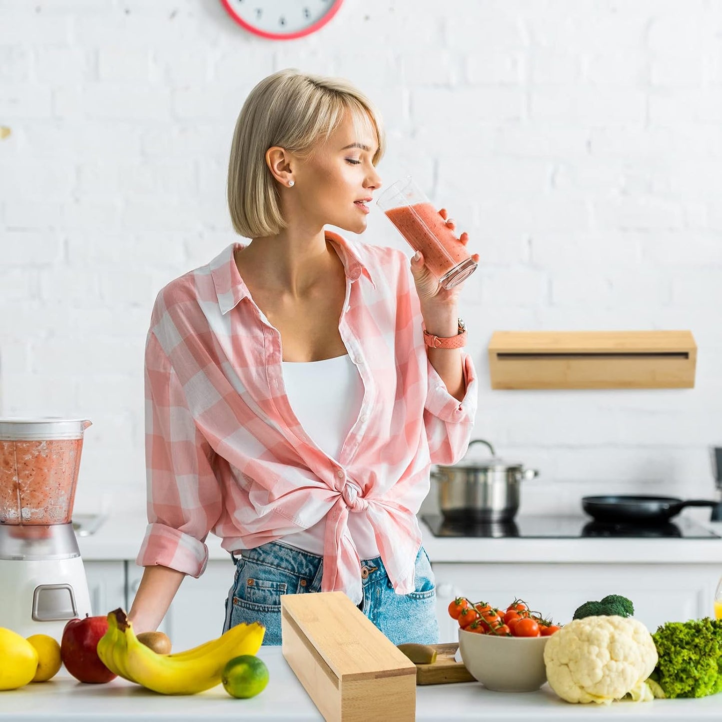 2 Pcs Foil and Plastic Wrap Organizer Plastic Wrap Dispenser Bamboo Wood Foil Dispenser with Cutter Aluminum Wax Paper Roll Organizer Holder for Kitchen