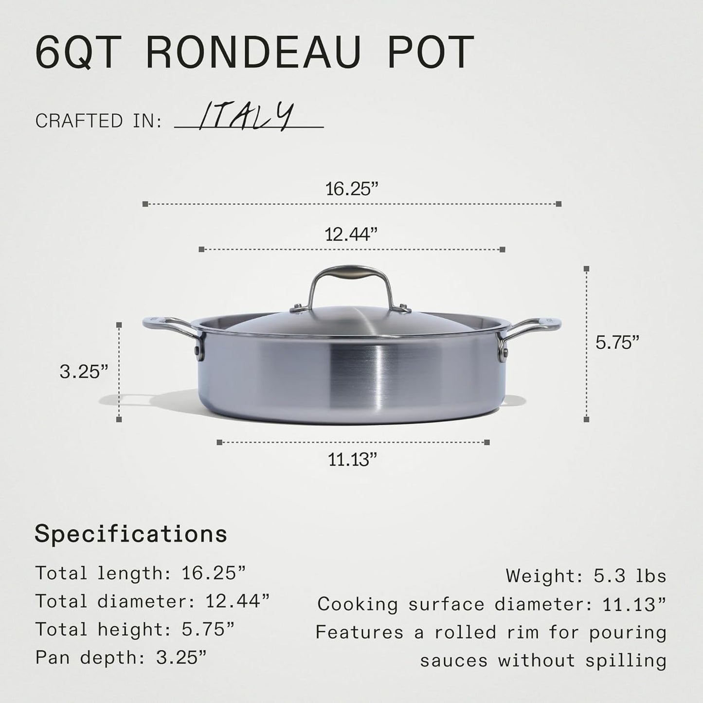 Made In Cookware - 6 Quart Stainless Steel Rondeau Pot w/Lid - 5 Ply Stainless Clad - Professional Cookware - Crafted in Italy - Induction Compatible