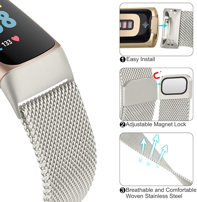Meliya for Fitbit Charge 6 Bands Women Men, Stainless Steel Metal Mesh Loop Adjustable Magnetic Wristband Replacement Straps Compatible with Fitbit Charge 6 Fitness Tracker