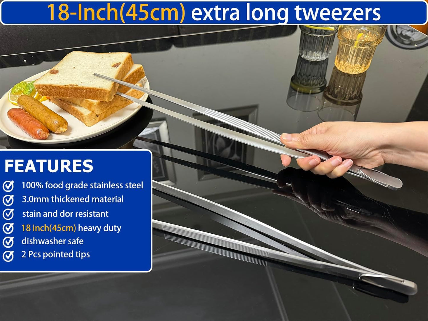 JETKONG 18 Inch (45cm) Extra Long Barbecue Tongs, Heavy Duty Giant Tweezer Tongs for Grilling and BBQ, Set of 2 (Point Tips)