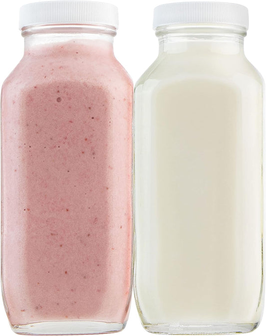 kitchentoolz 16oz Square Glass Milk Bottles with Airtight Plastic Lids – Pack of 4 | Reusable Milk Containers for Fridge & Lunchbox Storage – Ideal for Dairy, Smoothies, Juice, Water & More