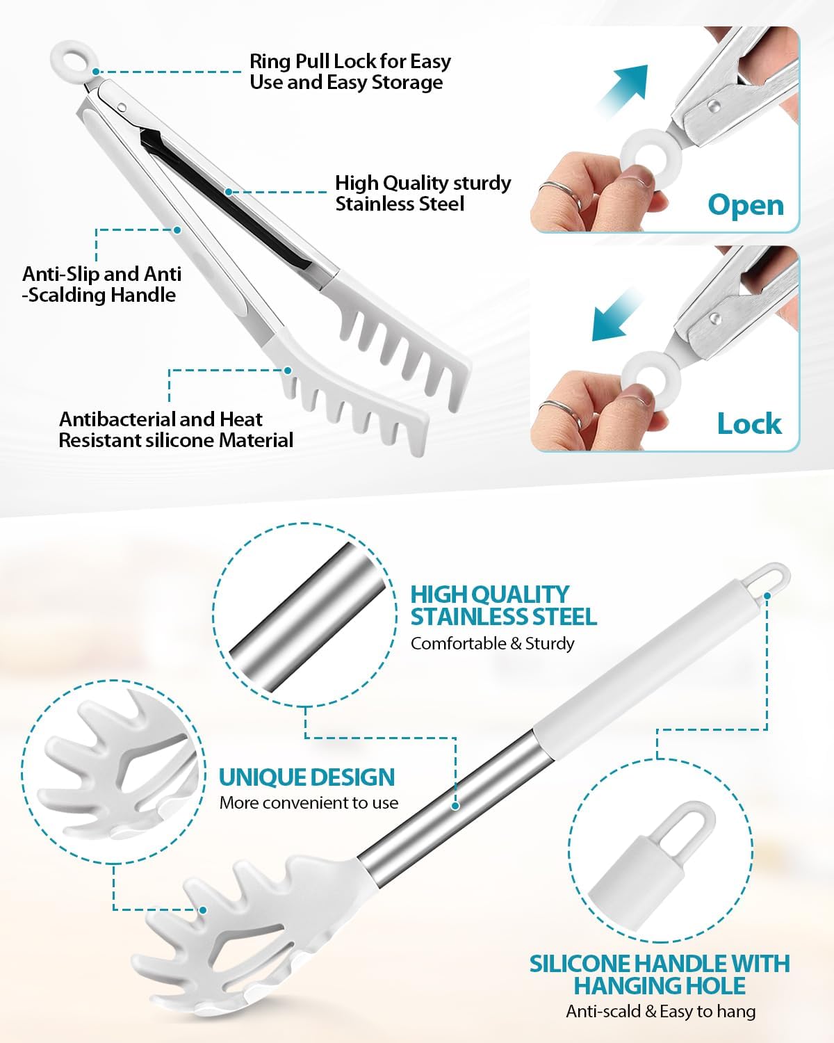 Spaghetti Spoon and Pasta Tong, Non-stick Silicone Spoon Server Fork with teeth and Stainless Steel Handle Spaghetti Tong, Food Clip for Spaghetti Noodle, White