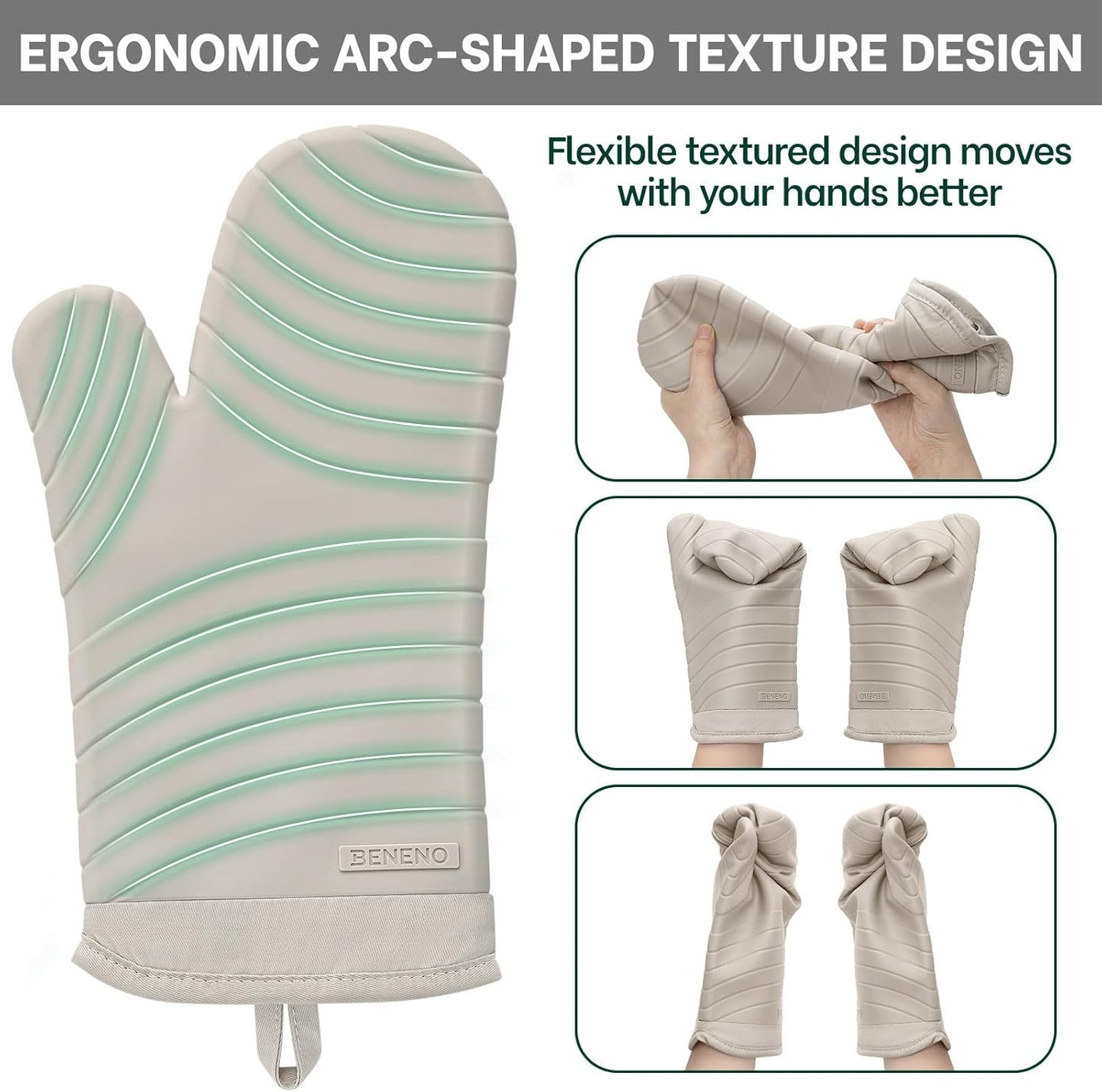 Beneno BPA-Free Silicone Oven Mitts, Heat Resistant Waterproof Oven Mitts with Non-Slip Textured Grip, Comfortable Quilted Lining, Kitchen Pot Holders for Cooking, Baking, Grilling, 7"x13", 2Pcs Beige