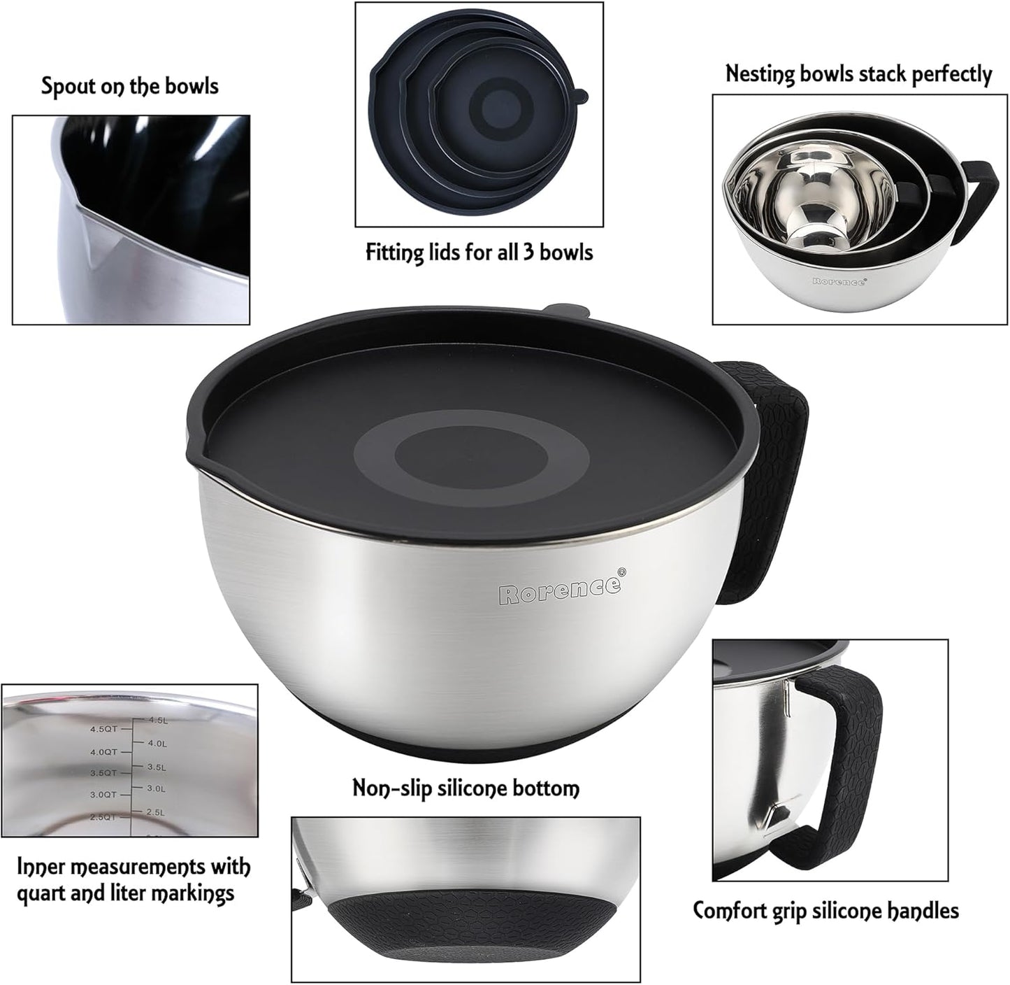 Rorence Stainless Steel Non-Slip Mixing Bowls With Pour Spout, Handle and Lid, Set of 3, Black