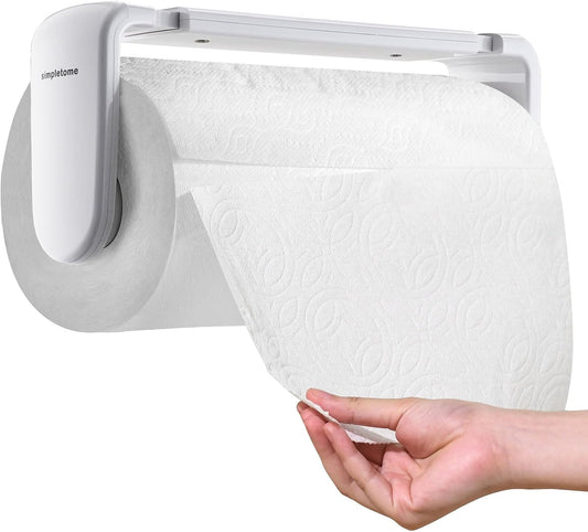 simpletome Paper Towel Holder Under Cabinet or Wall Mount ONE Hand Operation Tension Arm Kitchen Roll Holder (White, for 24-28cm/9.4-11inches roll)