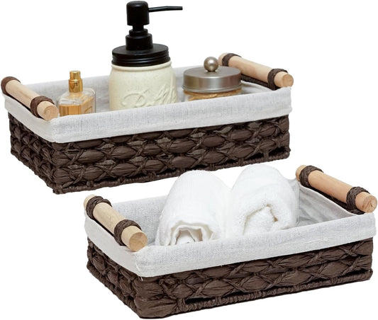 Storage Basket Wicker Baskets for Organizing with Handle Decorative Storage Bins for Countertop Toilet Paper Storage Basket for Toilet Tank Top Small Baskets Set (Set of 2)