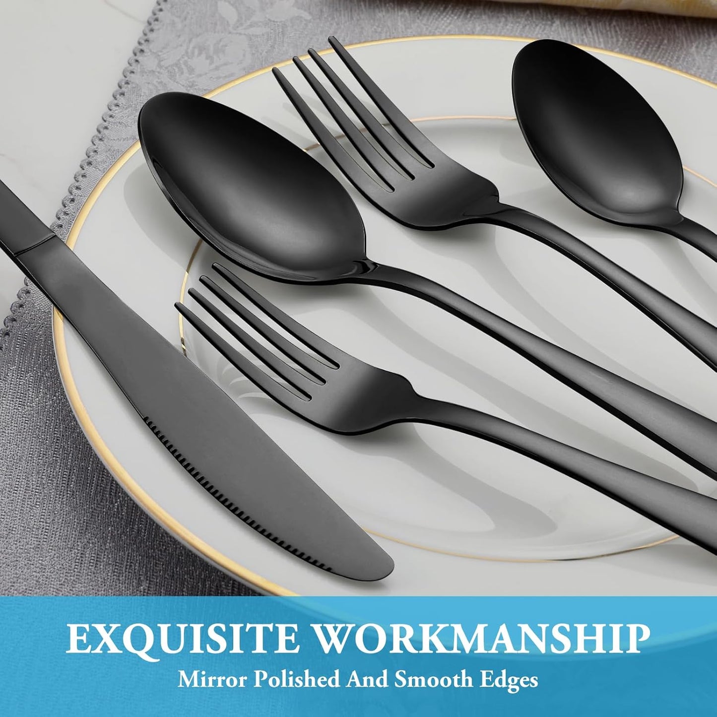 30 Pcs Black Silverware Set, Stainless Steel Flatware Set Service for 6, Mirror Polished Cutlery Utensil Set, Durable Home Kitchen Eating Tableware Set, Include Fork Knife Spoon Set, Dishwasher Safe