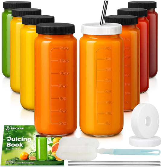 Ruckae 16oz 8 Pack Juice Bottles, Glass Bottles Juicing with Lids, Smoothie Cup Lids and Straws, Water Bottle Mason Jar Drinking Glasses for Juicing, Smoothies, Kombucha