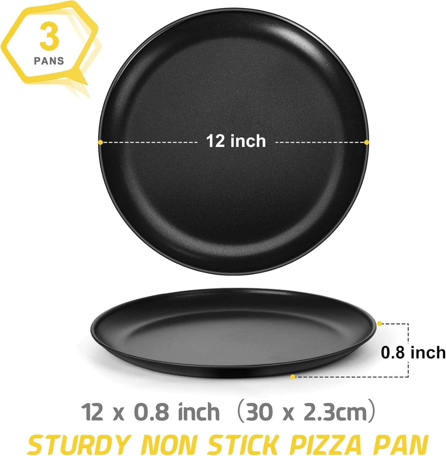 P&P CHEF 12 Inch Pizza Pan, 3 Pieces Stainless Steel Round Pizza Tray Dish Plate For Oven Baking Roasting, Healthy & Heavy Duty, Rust Free & Dishwasher Safe -Black