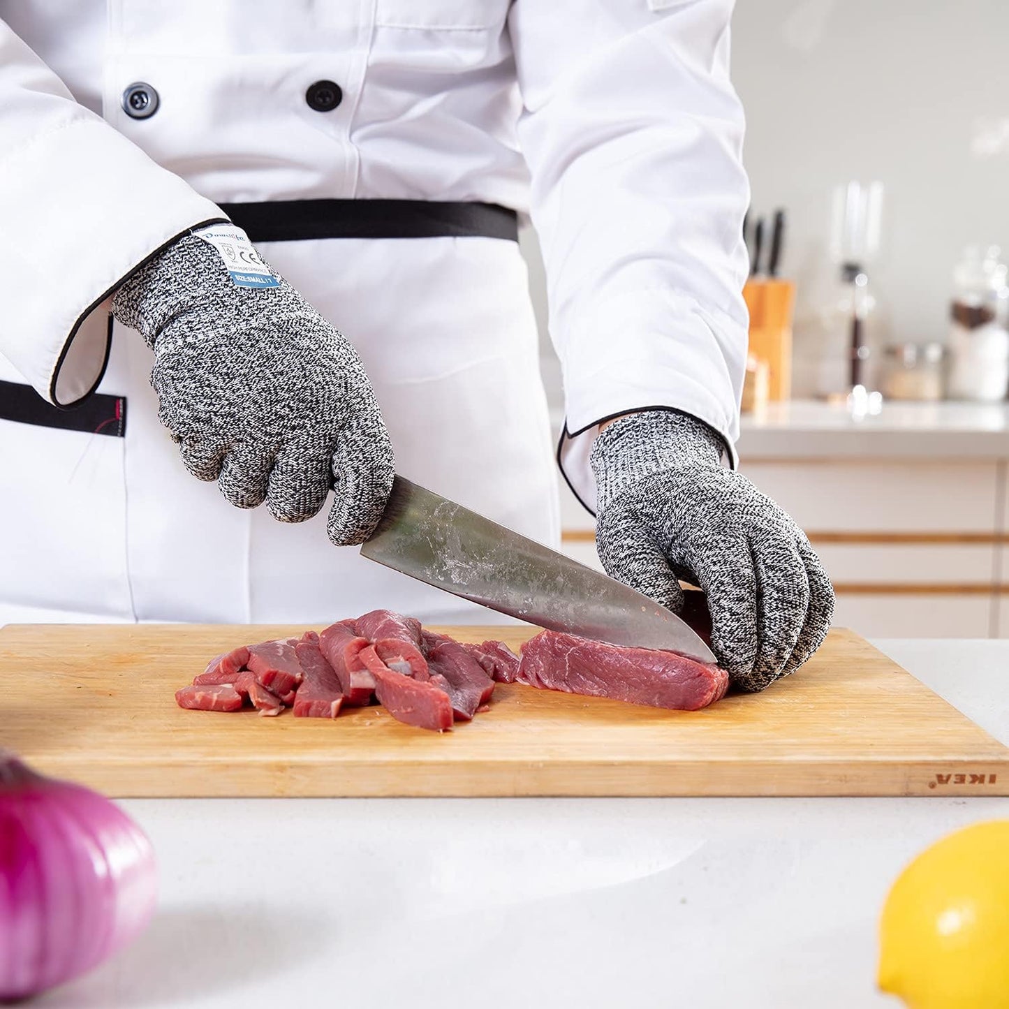 Dowellife 3 Pairs Cut Resistant Gloves Food Grade Level 5 Protection, Safety Kitchen Cuts Gloves for Mandolin Slicing, Fish Fillet, Oyster Shucking, Meat Cutting and Wood Carving (Black Gray, Medium)