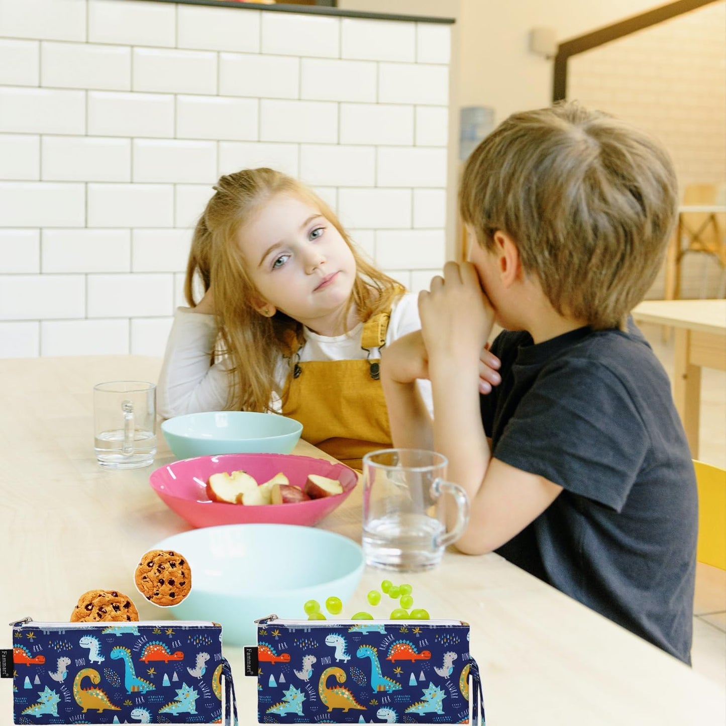 Reusable Sandwich Bag/Snack Bag for Kids & Adults, Dual Layer Lunch Bag with Handle, Washable, Food Safe, BPA Free (2-Pack, Dinosaur)