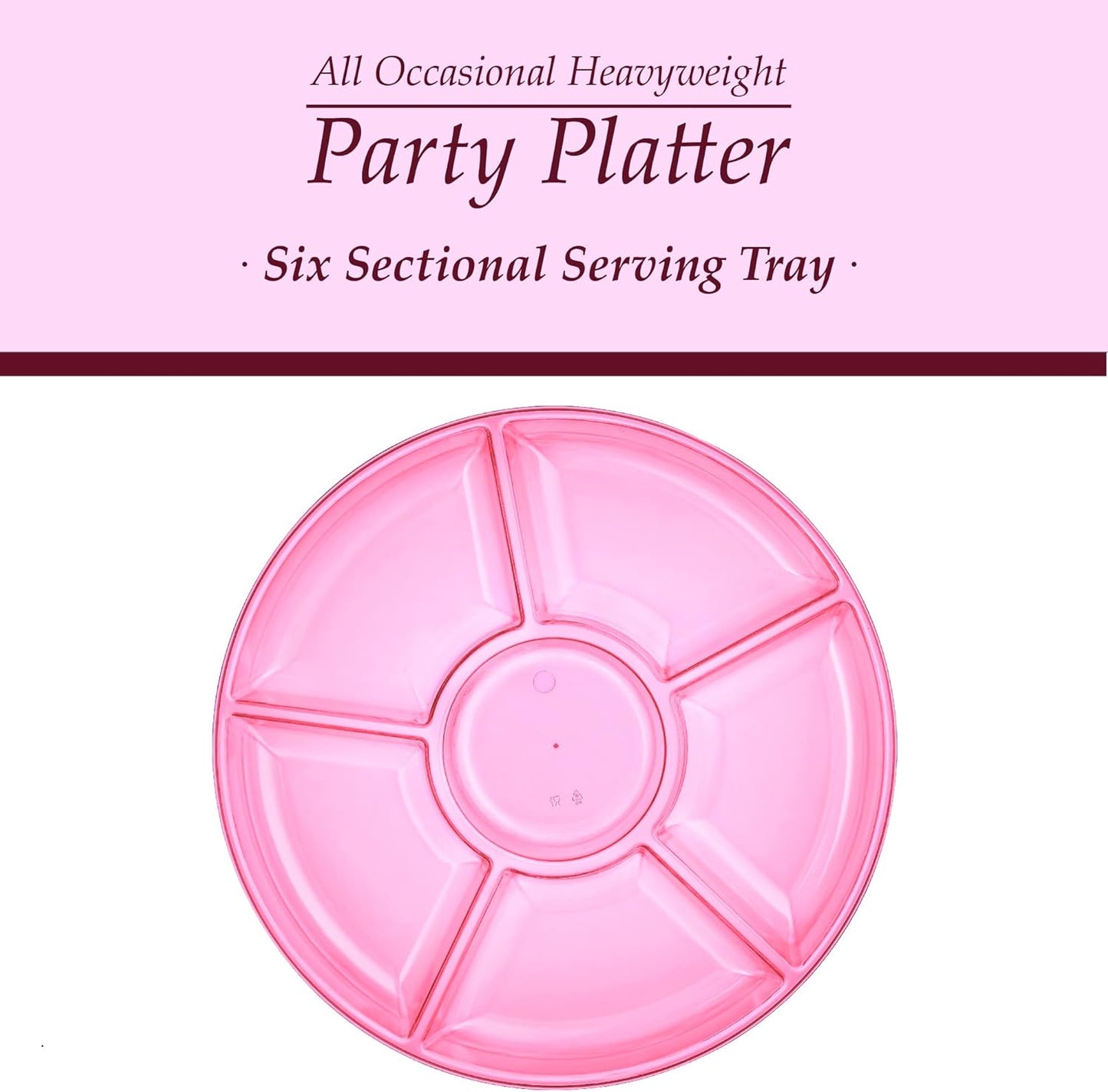 Plasticpro 6 Sectional Round Plastic Serving Tray/Platters Pink Pack of 8